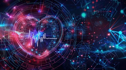 Digital heart wave in neon colors with tech symbols, symbolizing modern advancements in healthcare technology