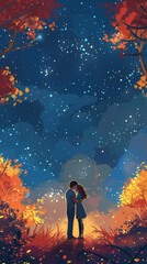 Fototapeta premium A couple is kissing in a forest at night
