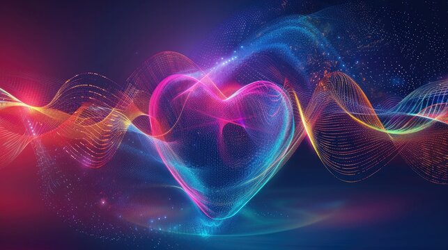 Digital heart wave in vibrant neon colors, with tech-inspired design, symbolizing modern cardiology advancements - Powered by Adobe