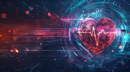 Obraz premium Digital heart wave with futuristic design, glowing tech symbols, highlighting the innovation in healthcare technology