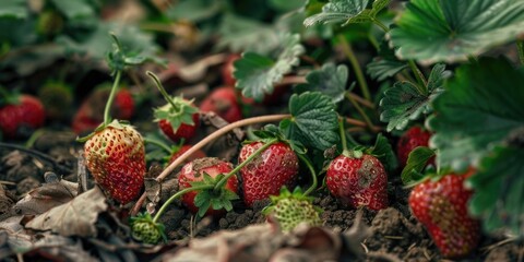 Fresh strawberries growing directly on the soil, a natural and organic display