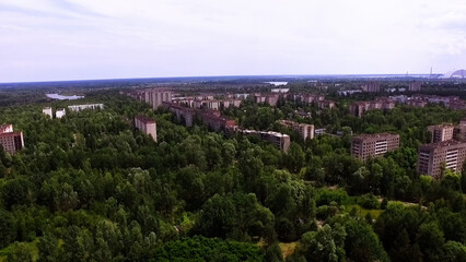 Aerial view. The city of Pripyat in summer. The Chernobyl exclusion zone.