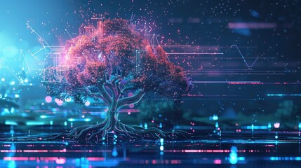 Digital tree with neon light leaves, set against a high-tech graphic background, showcasing technological growth