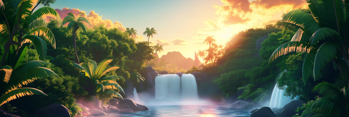 Jungle waterfall landscape at sunrise isolation background, Illustration.