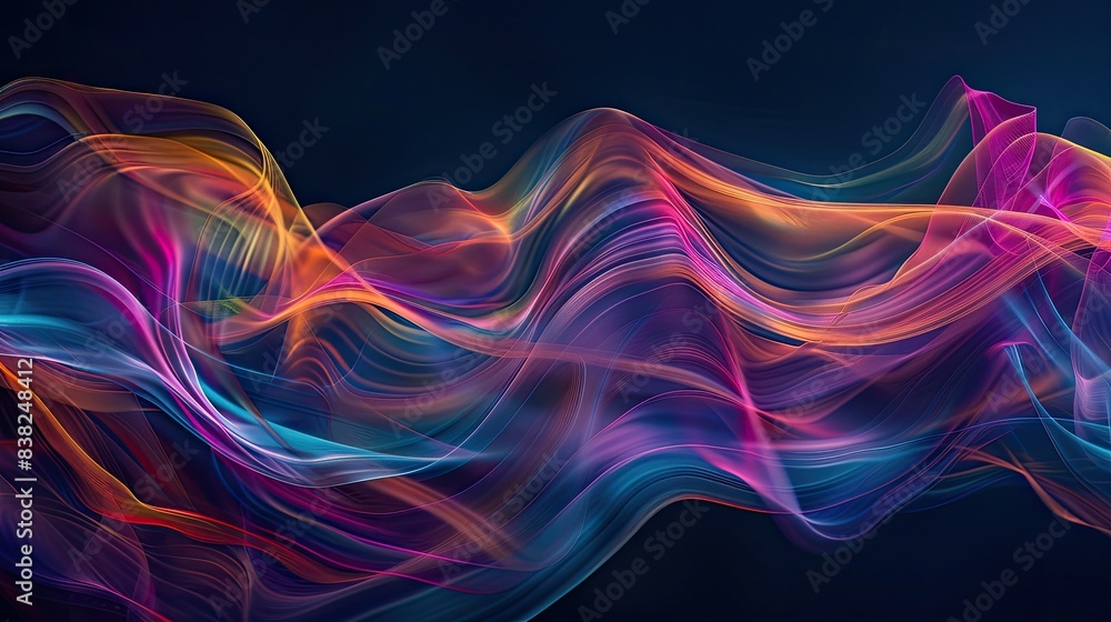 Poster dynamic graphic light waves, flowing and intertwining in vibrant colors on a dark backdrop
