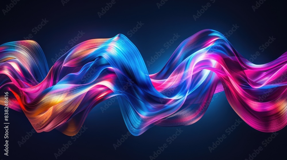 Poster dynamic graphic light waves, flowing and intertwining in vibrant colors on a dark backdrop