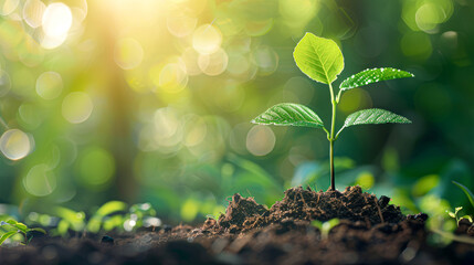 A small green plant is growing in the dirt