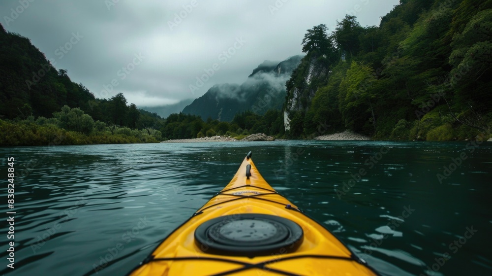 Poster A view of a kayak from the front showing its shape and details