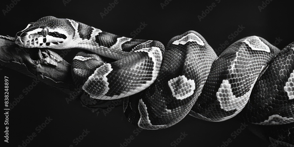 Poster Close-up view of a snake coiled around a tree branch, focusing on its texture and pattern