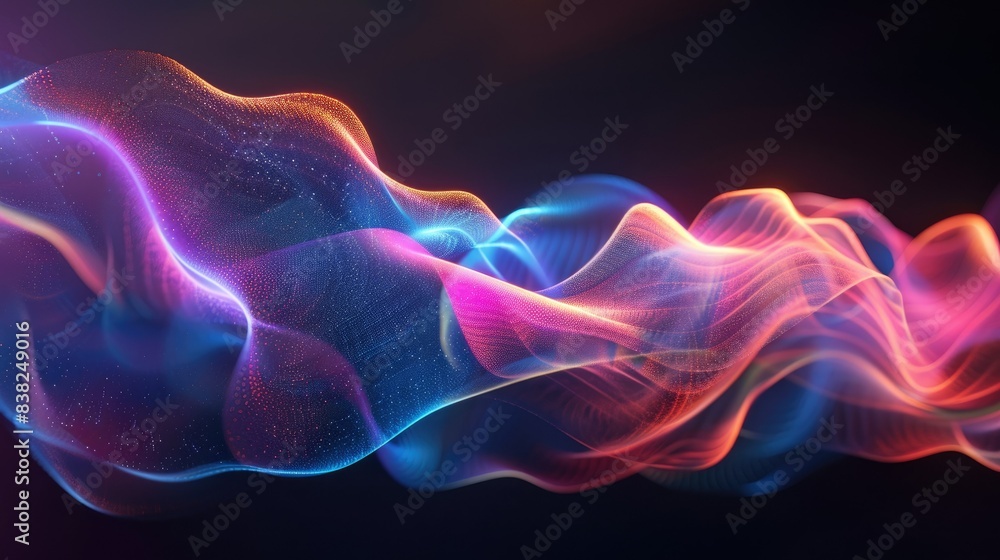 Poster elegant graphic light waves, intertwining and flowing in various colors on a dark backdrop