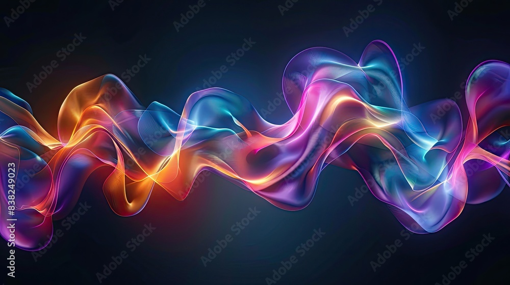 Poster elegant graphic light waves, intertwining and flowing in various colors on a dark backdrop