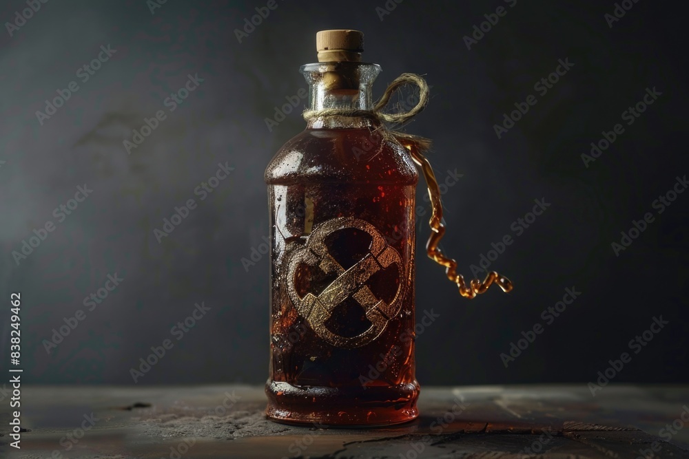 Poster a bottle of alcohol with a chain wrapped around it, suitable for use in editorial or commercial cont