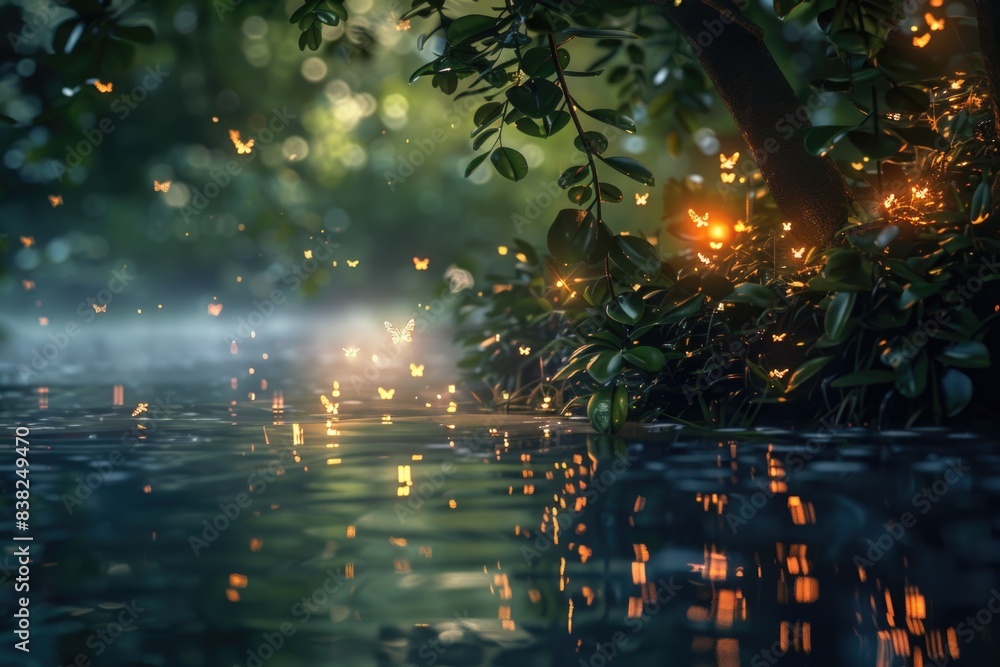 Poster a serene scene with a stream flowing through a forest lit by natural light
