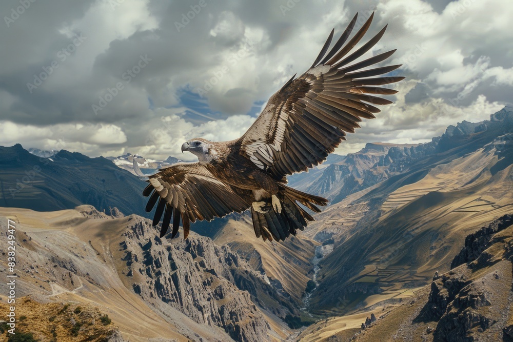 Aufkleber a large bird soars through the sky above a mountain range