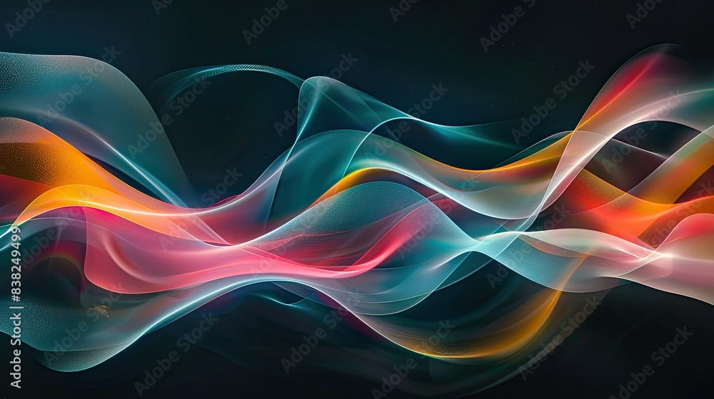 Poster elegant graphic light waves, intertwining and flowing in various colors on a dark backdrop