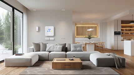 Fototapeta premium A large living room with a white couch and a coffee table