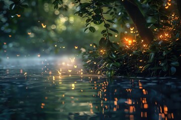 A serene scene with a stream flowing through a forest lit by natural light