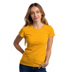 Fototapeta premium Saffron t-shirt with a round neckline, solid color, white background