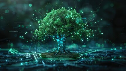 Fototapeta premium Futuristic tree with glowing digital branches, surrounded by tech-inspired graphics, illustrating nature's tech transformation