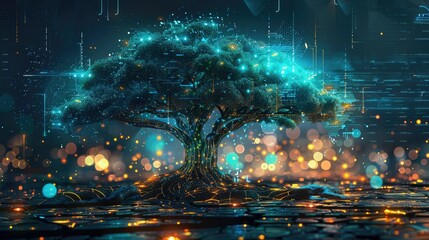 Futuristic tree with glowing digital branches, surrounded by tech-inspired graphics, illustrating nature's tech transformation