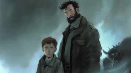 Fototapeta premium A man and a young boy stand together, looking apprehensive in the face of a looming, ominous figure