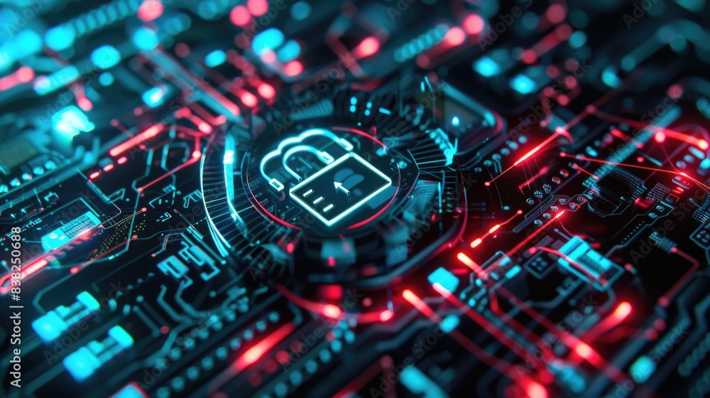 Poster a close-up view of a circuit board featuring a padlock, often used in security and technology contex