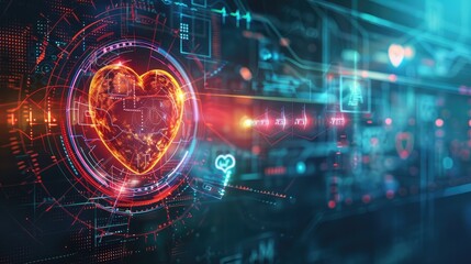 Glowing heart wave with digital tech symbols, highlighting the fusion of healthcare and technology, on a dark backdrop