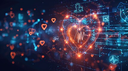 Obraz premium Glowing heart wave with tech icons, showcasing the integration of digital technology in healthcare, on a dark background