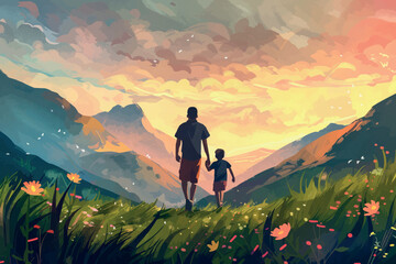 Happy Fathers Day Greetings sunset Background family father and son vector illustration