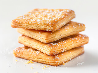 A stack of four biscuits with powdered sugar on top