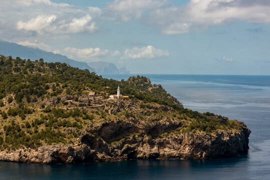 Cap Gros lighthouse on coastal cliffs, Port de Soller, Majorca, Balearic Islands, Spain