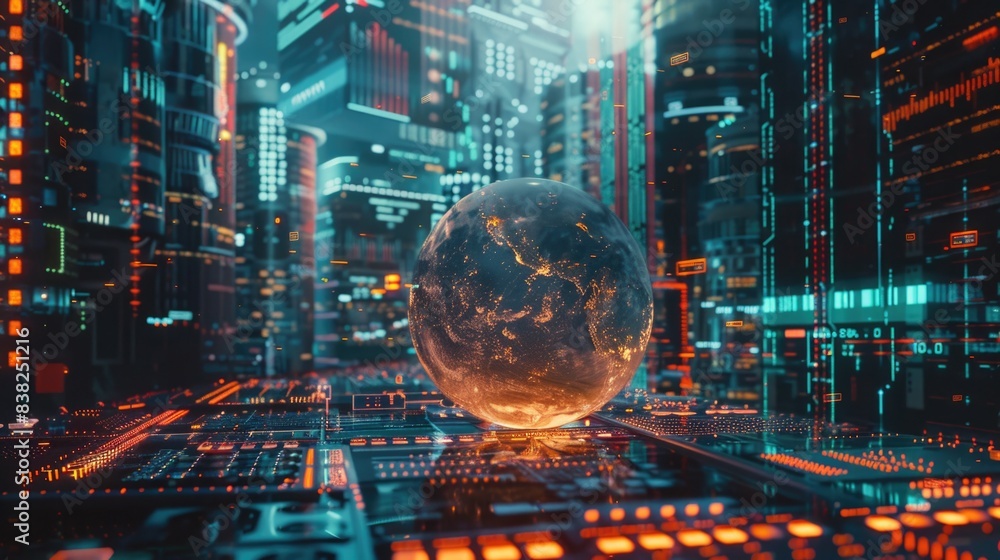 Poster Nighttime cityscape with an illuminated sphere in the center, surrounded by buildings and traffic