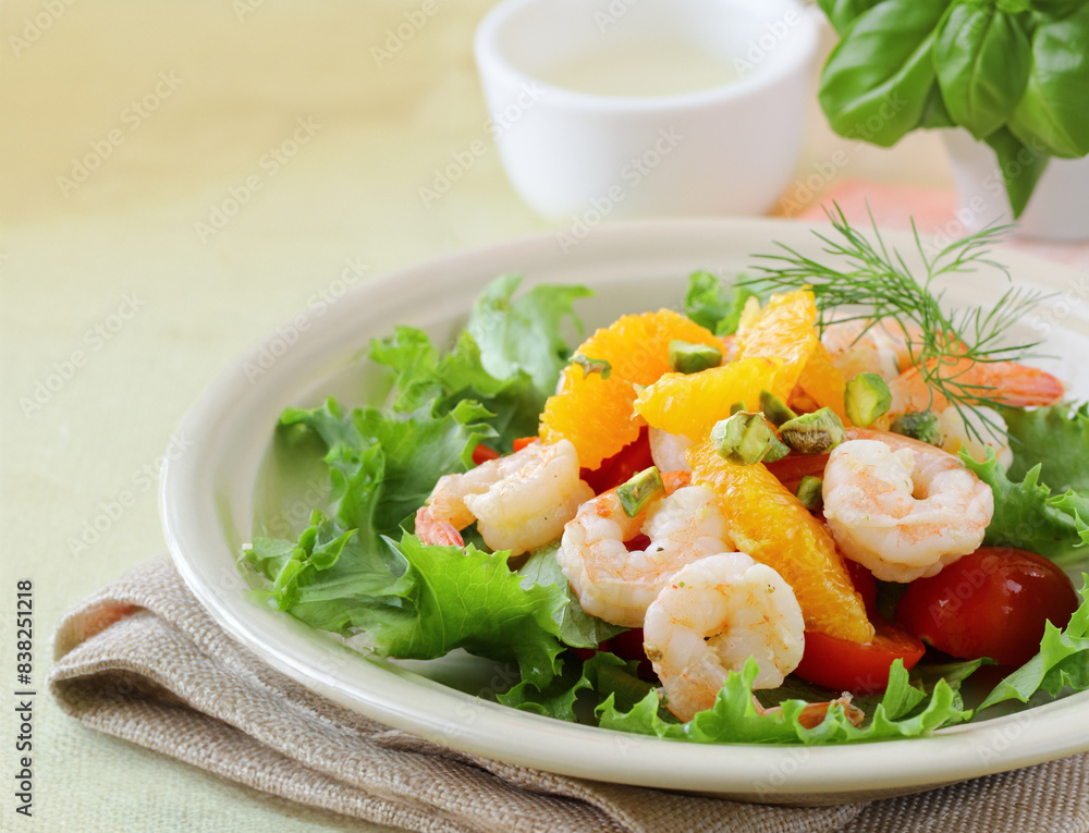 Wall mural salad with shrimp and tomatoes healthy eating