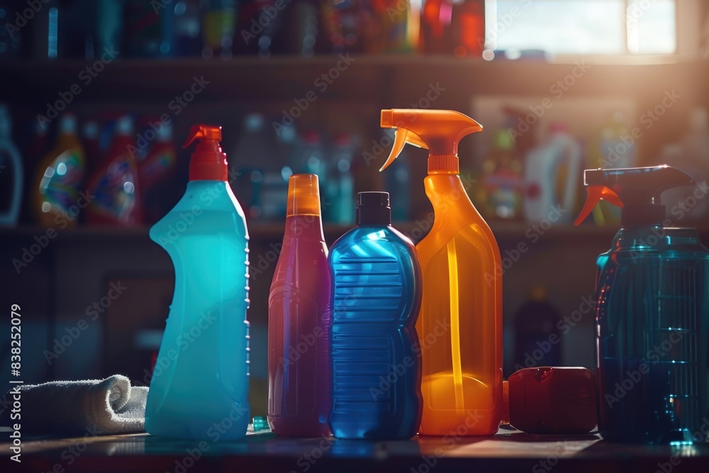 Poster various cleaning products arranged on a countertop, ideal for use in promotional materials or as a r