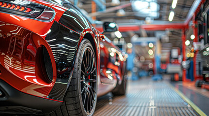 Obraz premium A red sports car is parked in a garage