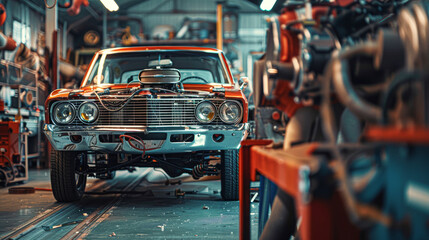 A vintage car is being worked on in a garage