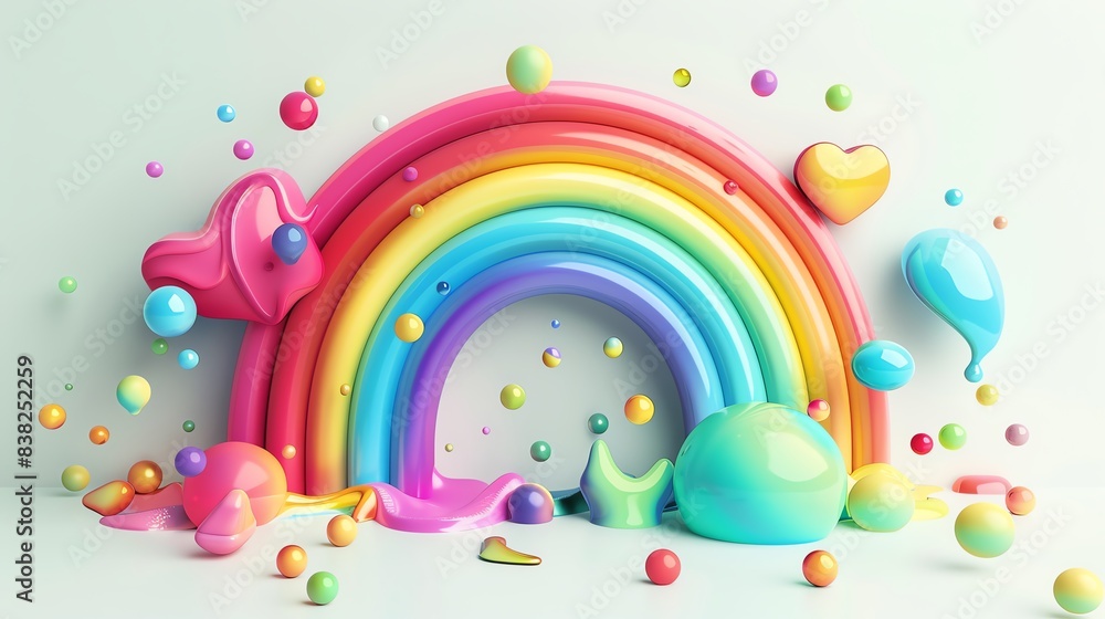 Aufkleber vibrant colorful 3d rainbow with abstract shapes and elements, creating a playful and joyful atmosph