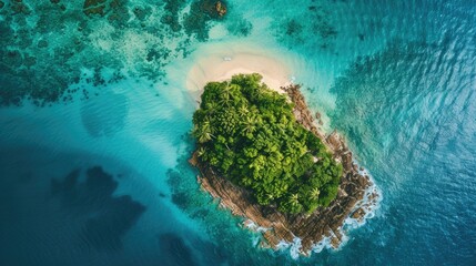 High-angle shot of a beautiful island in the middle of the ocean, with clear blue waters and sandy shores