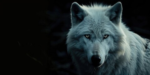 Obraz premium Scary white wolf, direct eye contact in the dark looking at the camera on a black background.