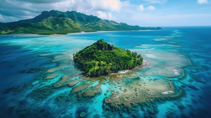 Naklejka premium High-angle shot of a picturesque island in the middle of the ocean, with clear turquoise waters and lush greenery
