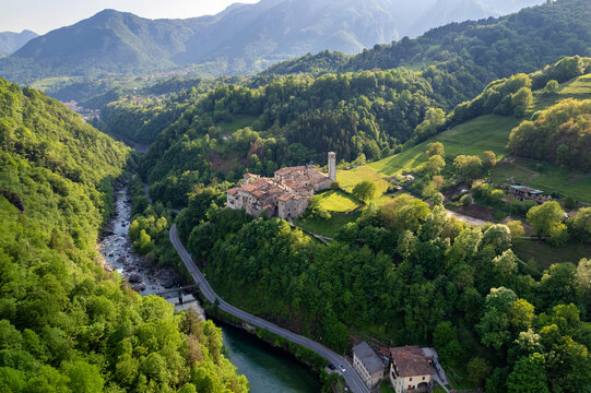Aerial view of Cornello dei Tasso in Brembana Valley, Bergamo, Lombardy, Italy