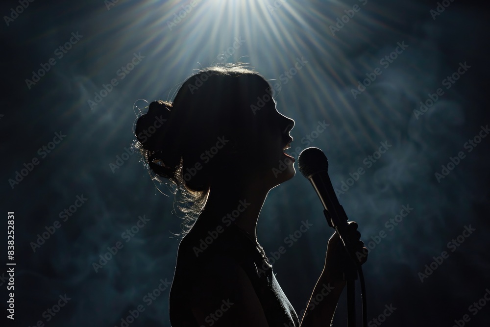 Poster a woman sings into a microphone in a dimly lit environment, perfect for use in music-related context