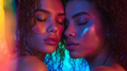 Naklejka premium Two women standing close with a rainbow background, intimate pose, photorealistic, vibrant colors, warm atmosphere 8K , high-resolution, ultra HD,up32K HD
