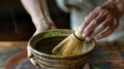 closeup of hands whisking matcha powder in ceramic bowl traditional tea ceremony photo