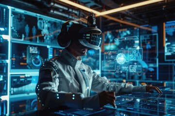 A person wearing a virtual reality headset uses a tablet for gaming or education purposes