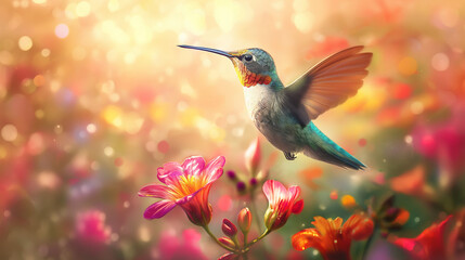 Fototapeta premium Vibrant Flower Hosts Graceful Hummingbird in Close-up Display of Nature's Beauty, Fluttering Elegance Captured in Detailed Shot