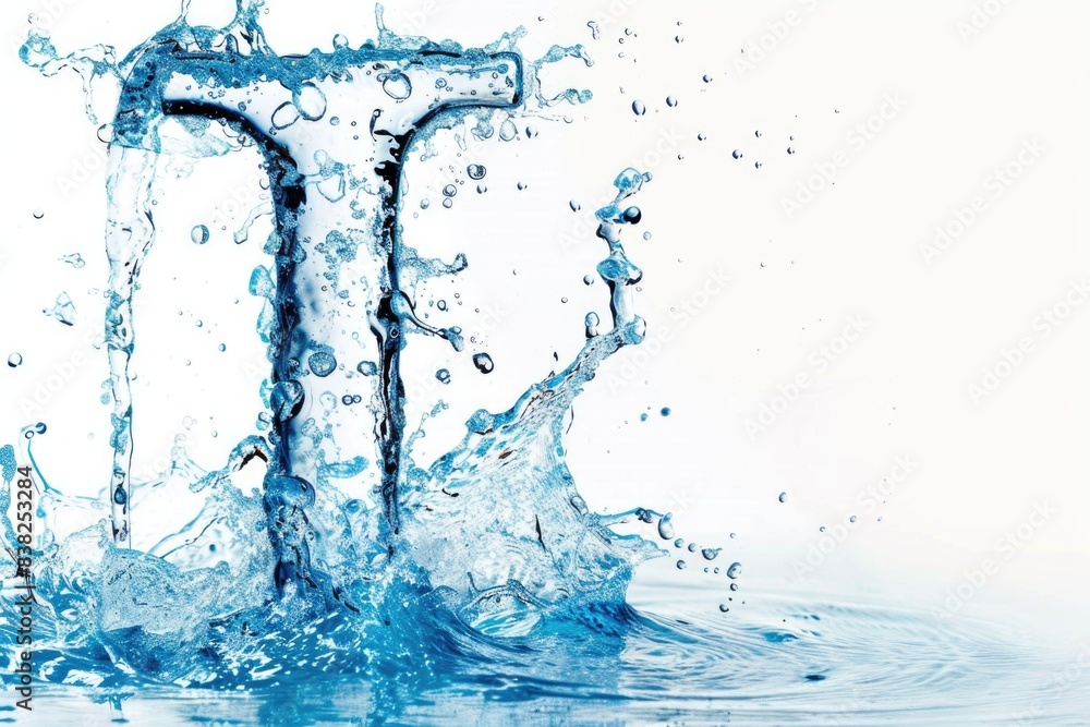 Poster A cross pattern created by water splashing from a faucet, suitable for use in designs related to water conservation or household scenes