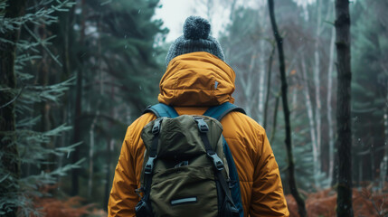 Obraz premium A man wearing a yellow jacket and a blue backpack is walking through a forest