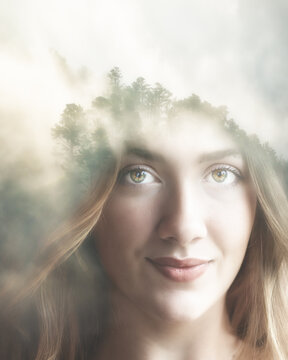 Double exposure portrait of a beautiful teenage girl with a forest in the fog