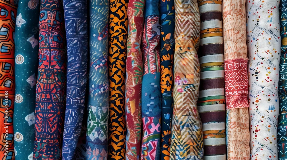 Poster colorful textile backgrounds with various patterns and textures arranged horizontally abstract fabri